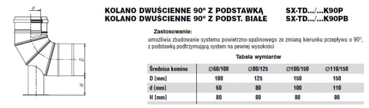Kolano dwuścienne 90 stopni z podstawką fi80/125 Nierdzewne
