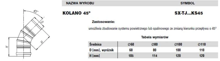 Kolano jednościenne 45 stopni fi100 Nierdzewne