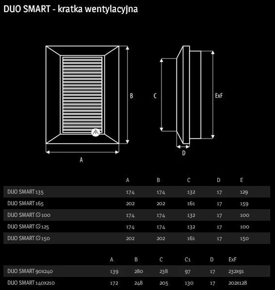 Kratka wentylacyjna prostokątna DUO SMART 90x240 brązowa