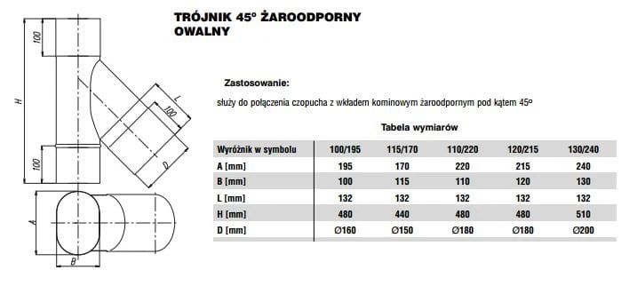 Trójnik owalny 45 stopni 100x195