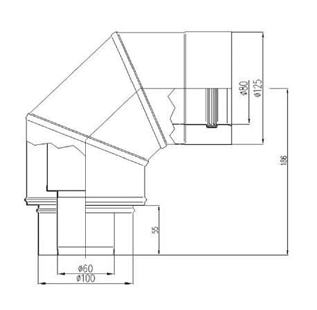 Kolano dwuścienne 90 stopni redukcyjne fi80/125-60/100 Nierdzewne