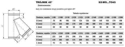 Trójnik wentylacyjny ocynkowany fi180 45 stopni
