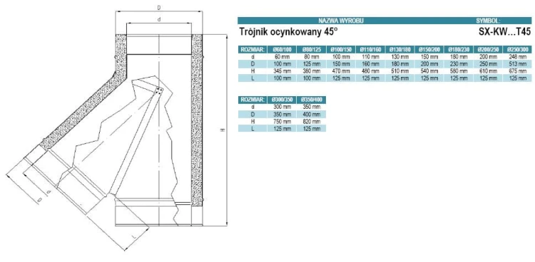 Trójnik izolowany ocynkowany 45 stopni fi110/160
