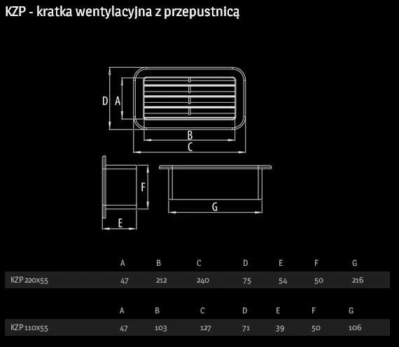 Kratka prostokątna zewnętrzna KZP 220/55 biała
